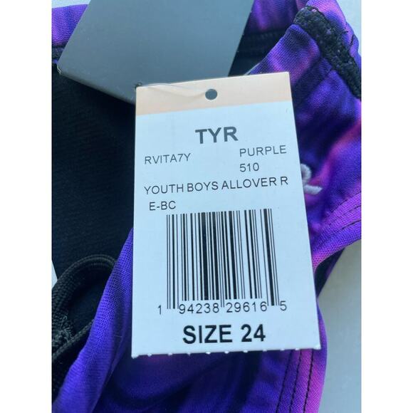 TYR Boys Tyreco Durafast Elite Racer Brief Swimsuit Allover Print Purple Size 24 - Picture 4 of 4